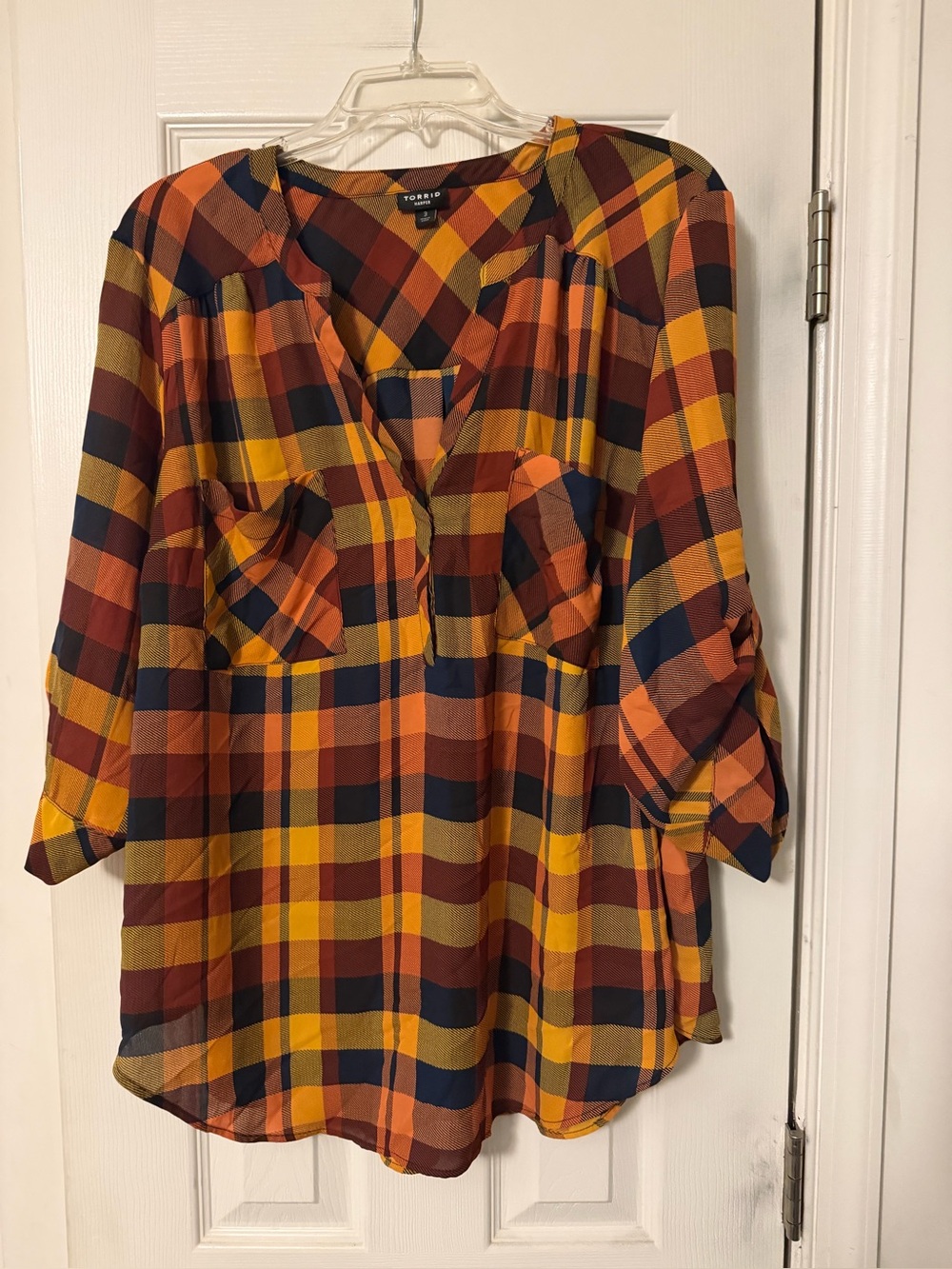 Torrid Harper Plaid Roll-Sleeve V-Neck Top in Mustard Multi
